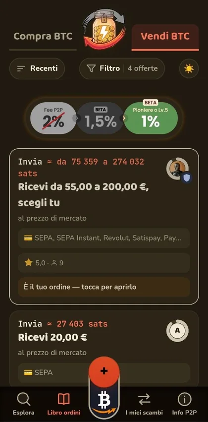 Vendere sats nel P2P